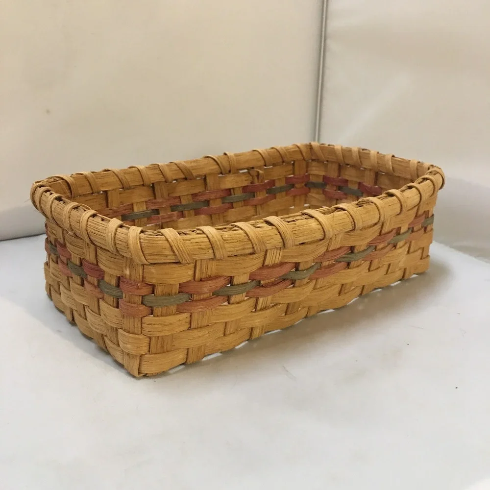 Handmade Woven Splint Basket Home Decor Natural Red Green 1992 Artisan Vintage